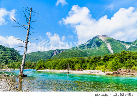 夏の上高地 梓川の清流と焼岳 夏の上高地 梓川の清流と焼岳 123629493