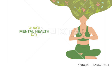 Mental health awareness month design layout banner. Girl meditates. Psychological and emotional well-being. Vector illustration. 123629504