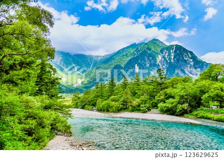 夏の上高地　梓川の清流と穂高連峰 123629625