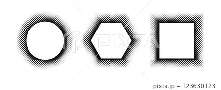 Black halftone geometric frame set. Dotted gradient border collection. Pop art comic picture holder design for banner template, copy space, emblem, poster element. Vector rasterized framing pack 123630123