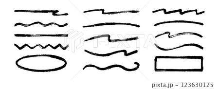 Straight, zigzag and wavy paint line set. Sketch brush stroke and frames collection. Rough charcoal stripes and forms for highlight, underline, emphasis. Vector hand drawn textured crayon chalk strips 123630125