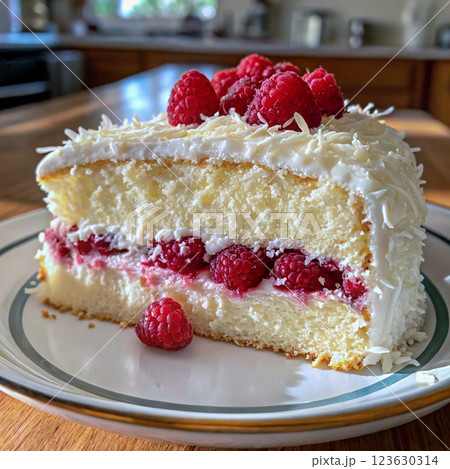 自家製の美味しいラズベリー・ココナッツフロスティングケーキ 123630314
