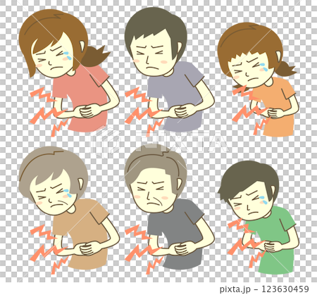 Illustration set of men and women of all ages complaining of stomach pain Illustration set of men and women of all ages complaining of stomach pain 123630459