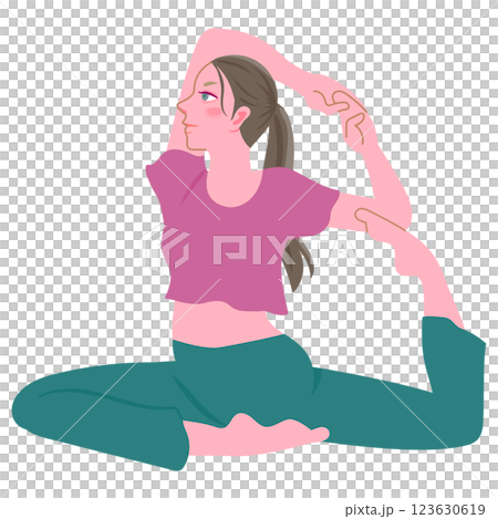 Woman doing yoga pigeon pose 123630619