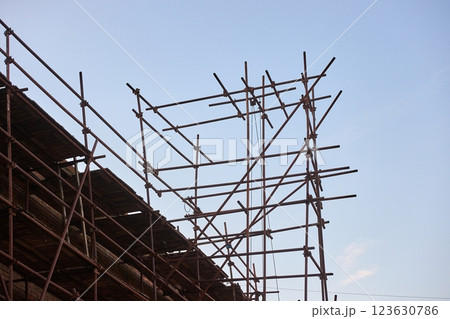 Scaffolding at a construction site looking unsafe Scaffolding at a construction site looking unsafe 123630786