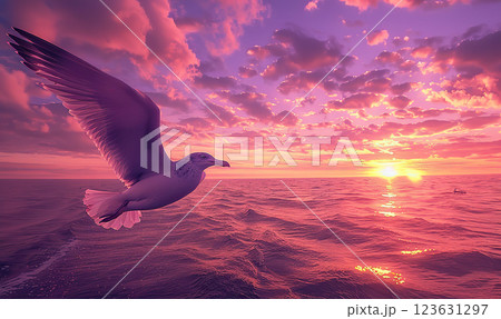 Seagull Soaring Over Pink Sunset Seascape, Generate Ai 123631297
