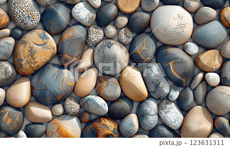 An array of smooth, multicolored pebbles filling the frame. Generate AI 123631311