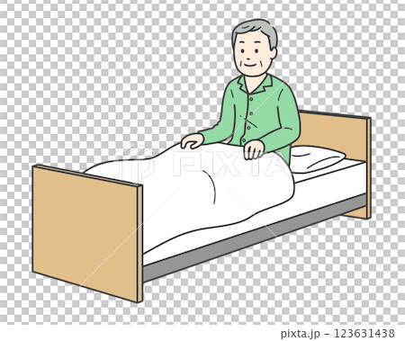 一位穿著睡衣的微笑老人起床和一張護理床 123631438