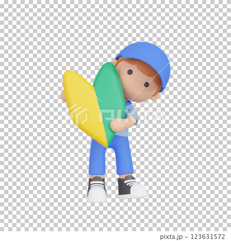 3DCG|初心者マークを抱えた作業服姿の若い男性 3DCG|初心者マークを抱えた作業服姿の若い男性 123631572