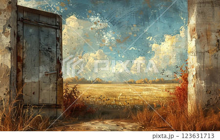 An ethereal scene with a standalone doorway amidst a sunlit natural landscape. Generate Ai 123631713