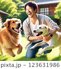 犬と遊ぶ幸せな時間｜笑顔の日本人男性と元気な2匹の犬 123631986