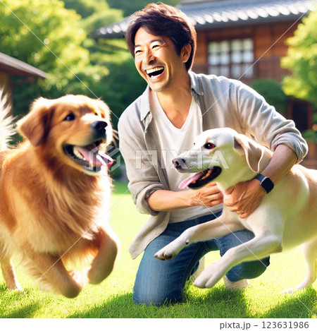 犬と遊ぶ幸せな時間｜笑顔の日本人男性と元気な2匹の犬 123631986