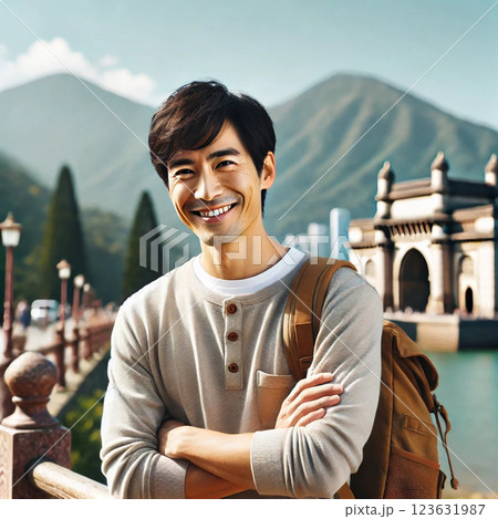 旅の喜びを満喫する日本人男性|バックパックを背負い笑顔で観光 旅の喜びを満喫する日本人男性|バックパックを背負い笑顔で観光 123631987