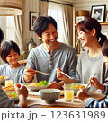 家族団らんのひととき｜笑顔で食事を楽しむ日本人家族 123631989