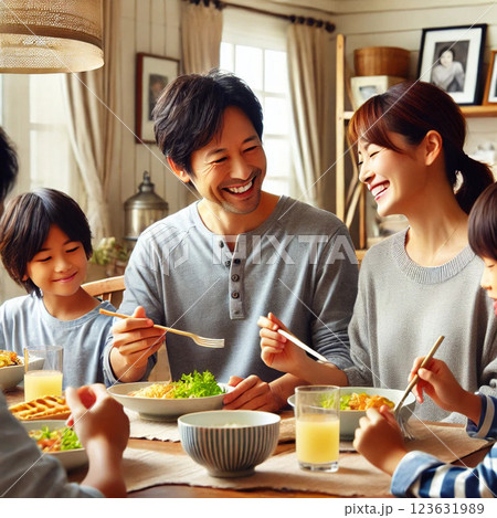 家族団らんのひととき｜笑顔で食事を楽しむ日本人家族 123631989
