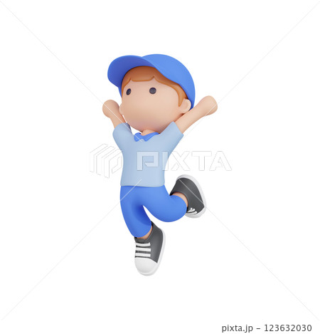 3DCG｜ジャンプをして喜ぶ作業服姿の若い男性 123632030
