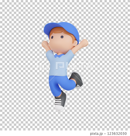 3DCG｜ジャンプをして喜ぶ作業服姿の若い男性 123632030