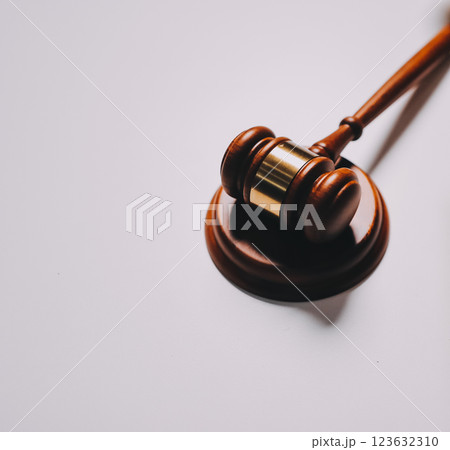 Judge gavel with Justice lawyers having team meeting at law firm background. Concepts of Law and Legal services. 123632310