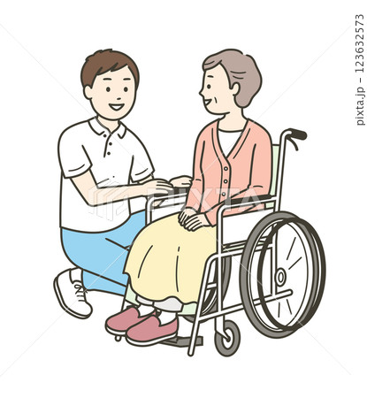 車椅子の高齢女性と介助をする男性介護士の全身イラスト 車椅子の高齢女性と介助をする男性介護士の全身イラスト 123632573