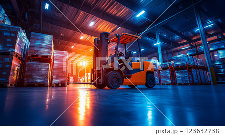 夜の巨大倉庫で稼働するフォークリフト 夜の巨大倉庫で稼働するフォークリフト 123632738