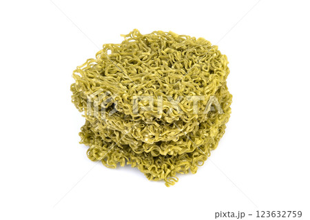 Japanese style green noodles,Uncooked dry instant vegetable noodle,Crispy jade noodles isolated on white background Japanese style green noodles,Uncooked dry instant vegetable noodle,Crispy jade noodles isolated on white background 123632759