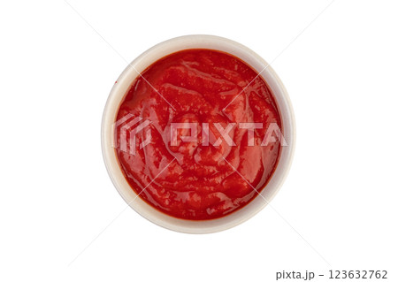 Yentafo Sauce in white bowl,Red sauce for thai noodle soup isolated on white background with clipping path.Top view Yentafo Sauce in white bowl,Red sauce for thai noodle soup isolated on white background with clipping path.Top view 123632762