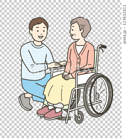 Full-body illustration set of an elderly woman in a wheelchair and a man assisting her 123632811