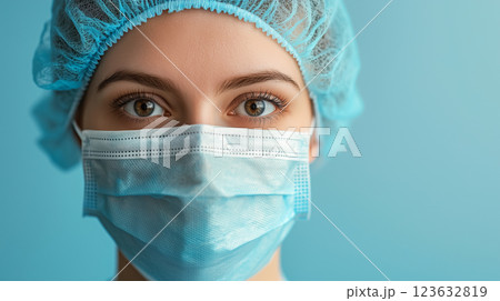 サージカルマスクを着用したプロフェッショナルな女性医師 サージカルマスクを着用したプロフェッショナルな女性医師 123632819
