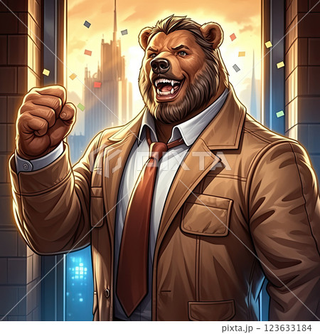 Excited bear in suit celebrating project success with joy and enthusiasm Excited bear in suit celebrating project success with joy and enthusiasm 123633184