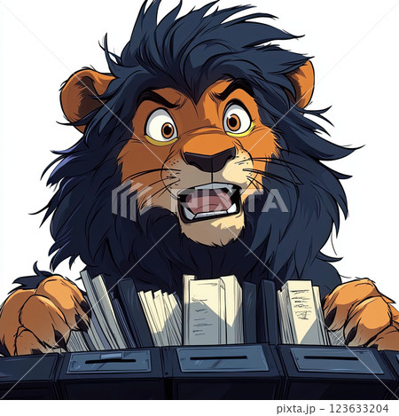 Funny lion overwhelmed with files, showcasing humorous struggle 123633204