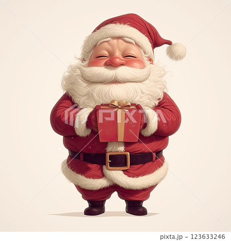 Cute chibi Santa holding gift box, smiling joyfully and spreading cheer Cute chibi Santa holding gift box, smiling joyfully and spreading cheer 123633246