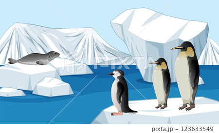Penguins and Seal in Icy Habitat 123633549