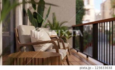 The armchairs and table place on the wooden floor balcony, with city view and sunlight shine upon. The armchairs and table place on the wooden floor balcony, with city view and sunlight shine upon. 123633638