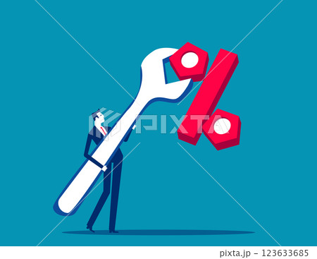 Businessman tightens the nuts in the shape of a percent sign with a wrench. Business vector concept Businessman tightens the nuts in the shape of a percent sign with a wrench. Business vector concept 123633685