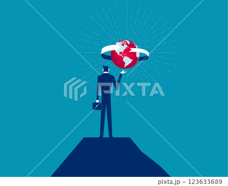 Businessman holding world at the top of mountain. Business vector concept 123633689