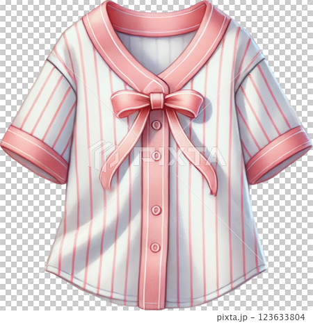 Elegant and Feminine Striped Baseball Style Jersey with Delicate Pink Bow and Buttons 123633804