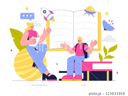 Storytelling Vector Illustration featuring Conveying a Story Through Various Media from Reading Books to Copywriters Creating Content for Social Media 123633958