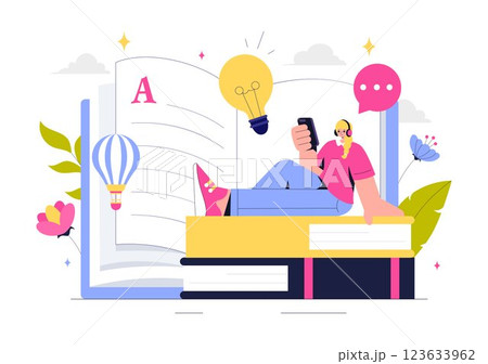 Storytelling Vector Illustration featuring Conveying a Story Through Various Media from Reading Books to Copywriters Creating Content for Social Media 123633962
