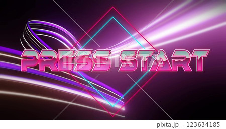 Image of press start text over neon pattern background 123634185