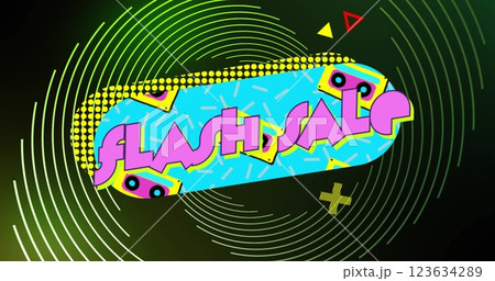 Flash Sale text with geometric shapes and patterns, image over green background 123634289