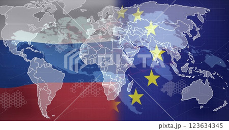 World map with Russia and European Union flags image 123634345