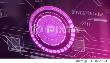 Animating futuristic digital interface with circular progress indicator and data processing image Animating futuristic digital interface with circular progress indicator and data processing image 123634371