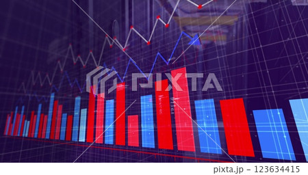 Bar and line graph image over industrial warehouse background 123634415