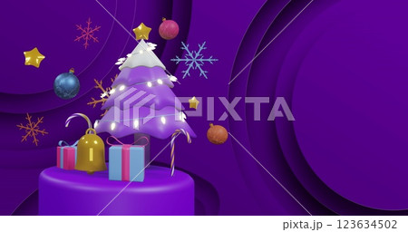 Purple christmas tree and gifts on rotating podium with floating decorations on purple background 123634502