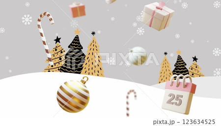 Calendar with 25 text, christmas baubles gifts and candy canes over winter scene with snow and trees 123634525