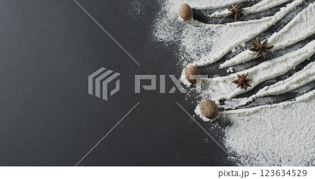 Ingredients create a pattern on a dark surface, with copy space 123634529