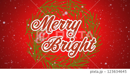 Image of merry and bright text over snow falling 123634645
