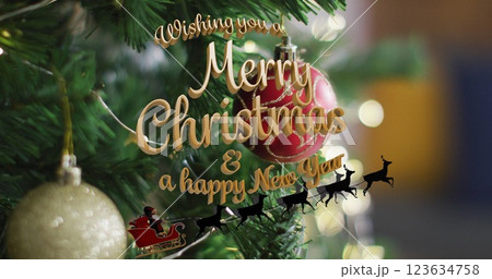 Image of merry christmas text and pandemic text with sick network of dark and champagne glass 123634758