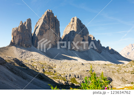 Amazing three Picks of Lavaredo in Italian Dolomites near Cortina D'Ampezzo. Sunny summer day with blue sky 123634762