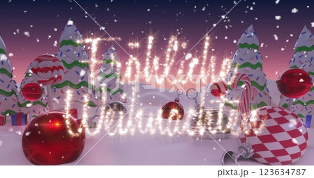 Image of snow falling over frohe weihnachten text against decorations on winter landscape 123634787